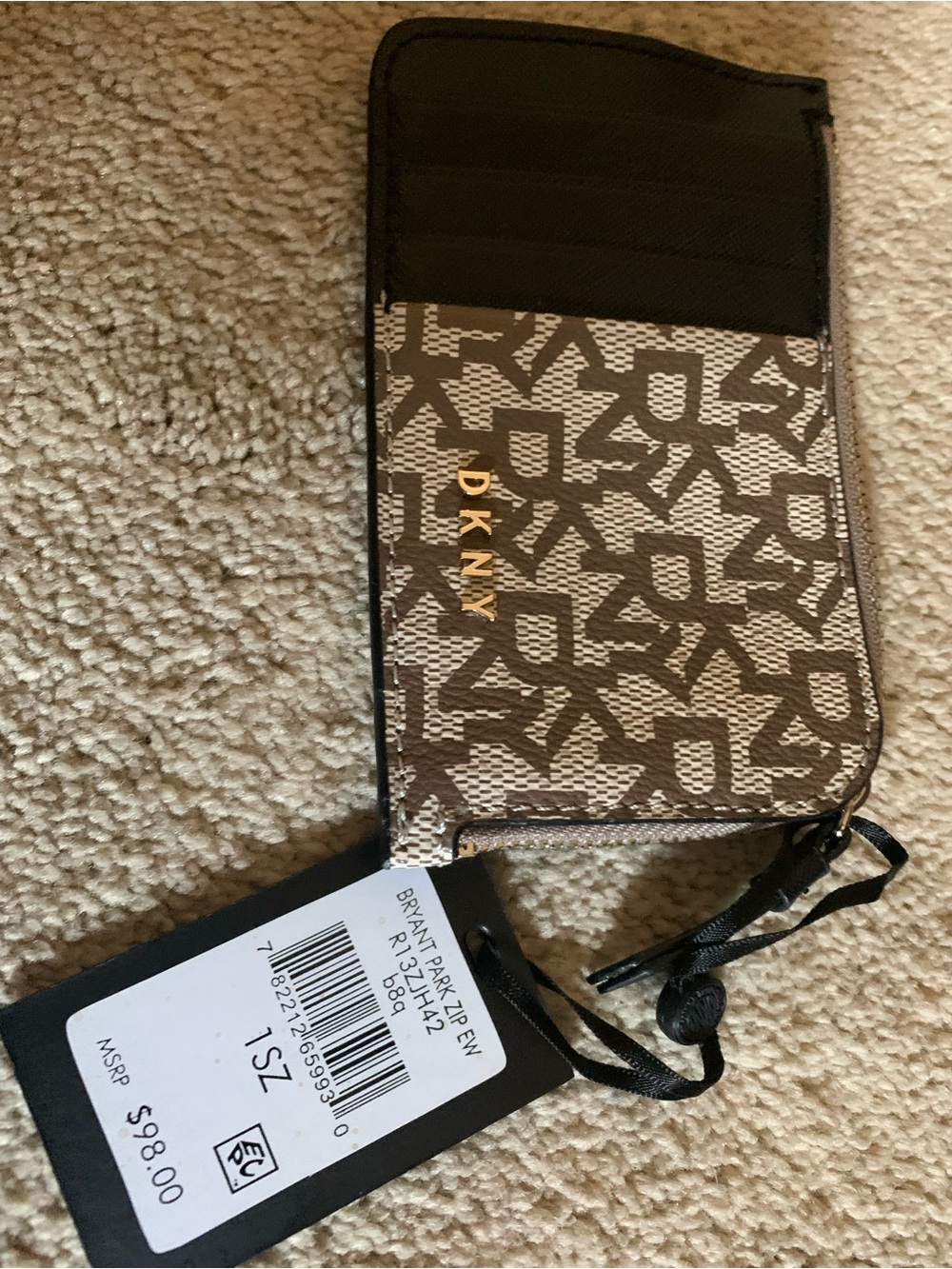 DKNY Brown and Black Monogram Zip Card Wallet